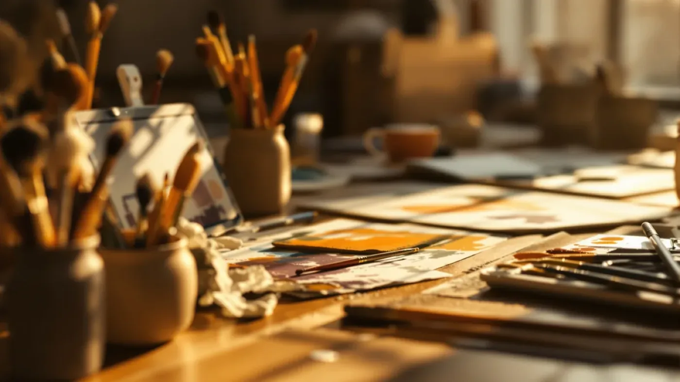 Art therapy workspace with paintbrushes, watercolor paintings, and a digital tablet in warm light