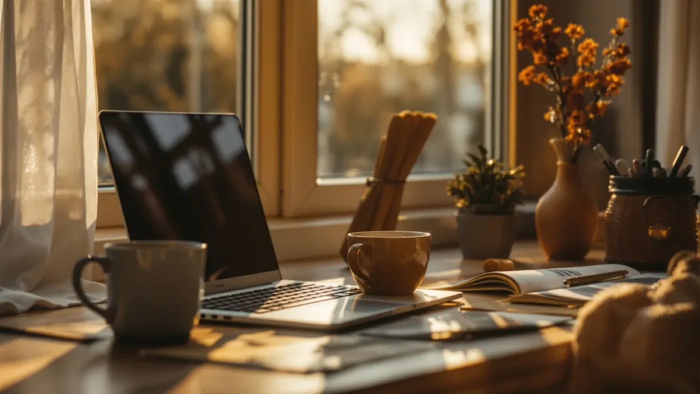 Laptop and notebook on a sunlit desk, set up for reading AI therapy news
