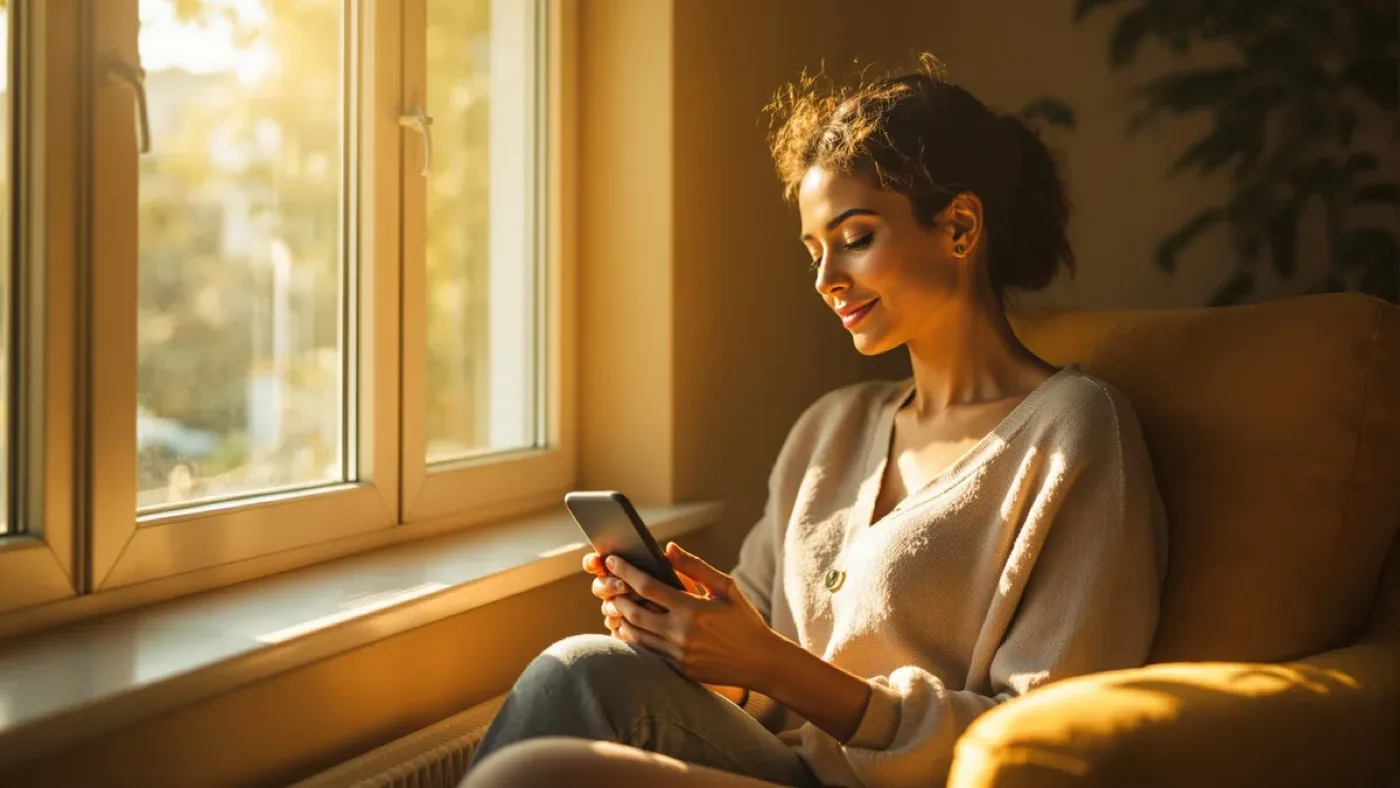 AI therapy on a smartphone in a calm, sunlit room