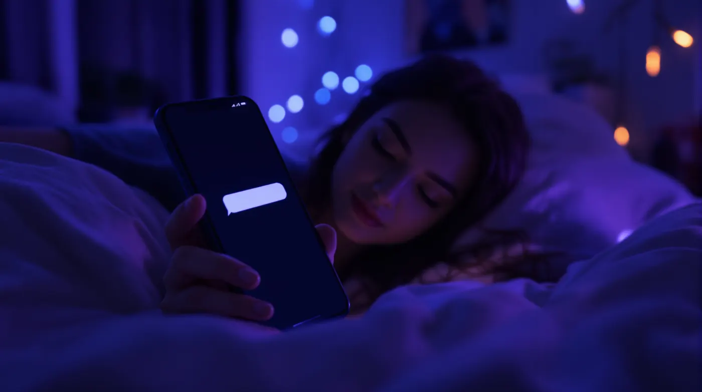 Young person voice chatting with an AI app on a phone at night