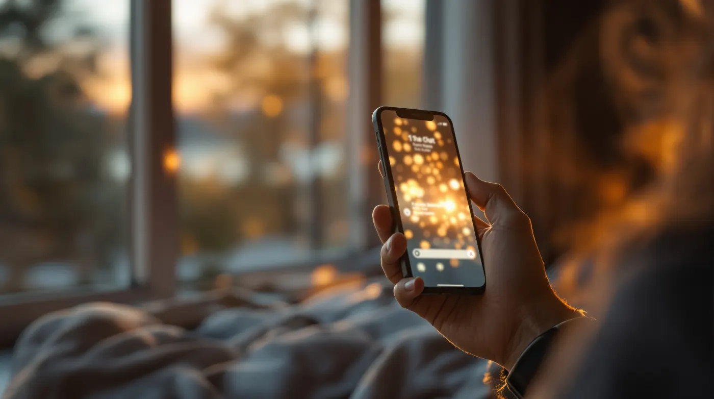 Person checking the Dawn AI mental health app on a phone and smartwatch at sunrise