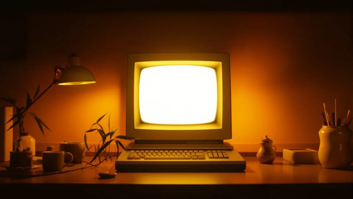 Vintage computer with a glowing screen on a desk, evoking ELIZA, the first AI therapist