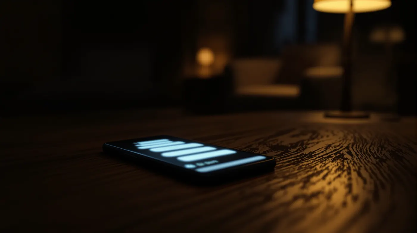 A phone showing a chat conversation glowing in a dim room, an empty chair in the background