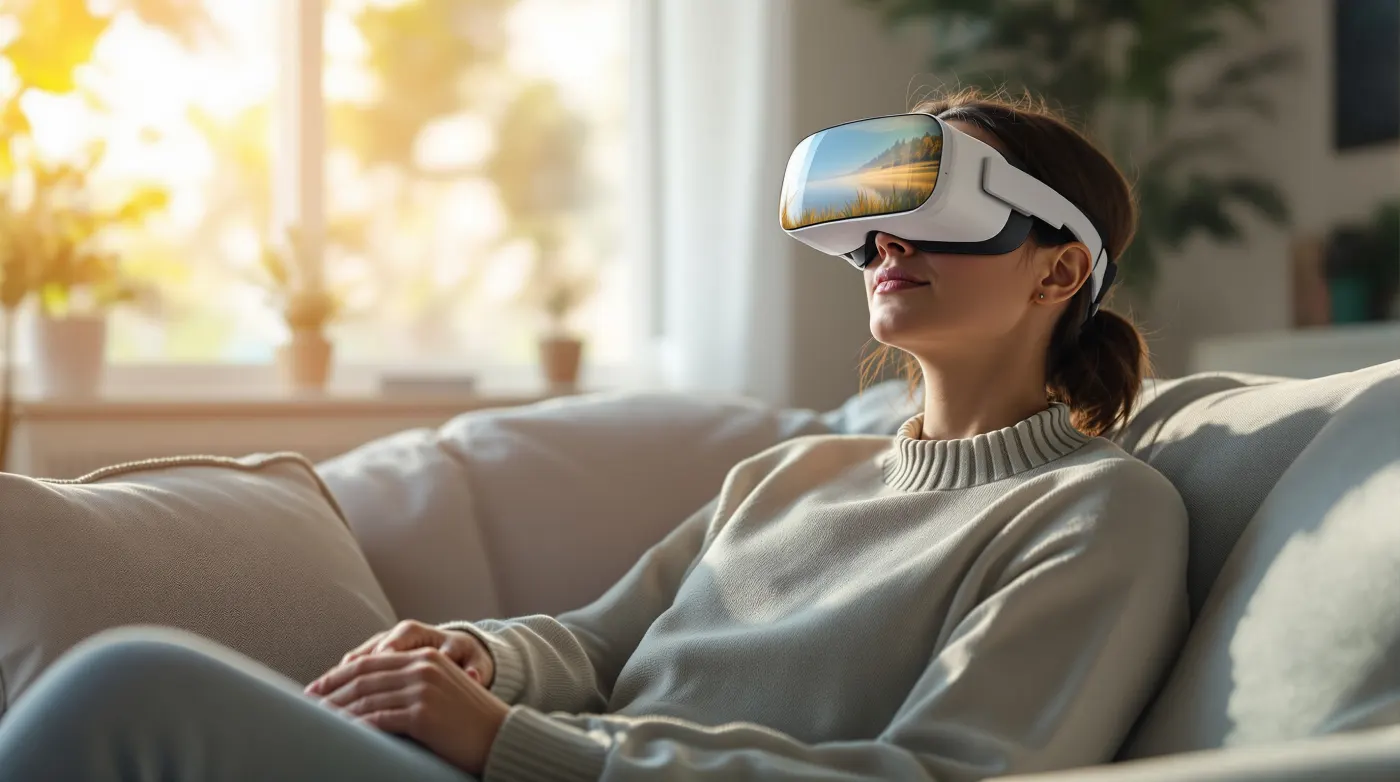 Person wearing a VR headset in a calm room, representing AI therapist virtual reality experiences