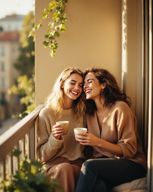 Two friends talking over coffee on a sunlit balcony