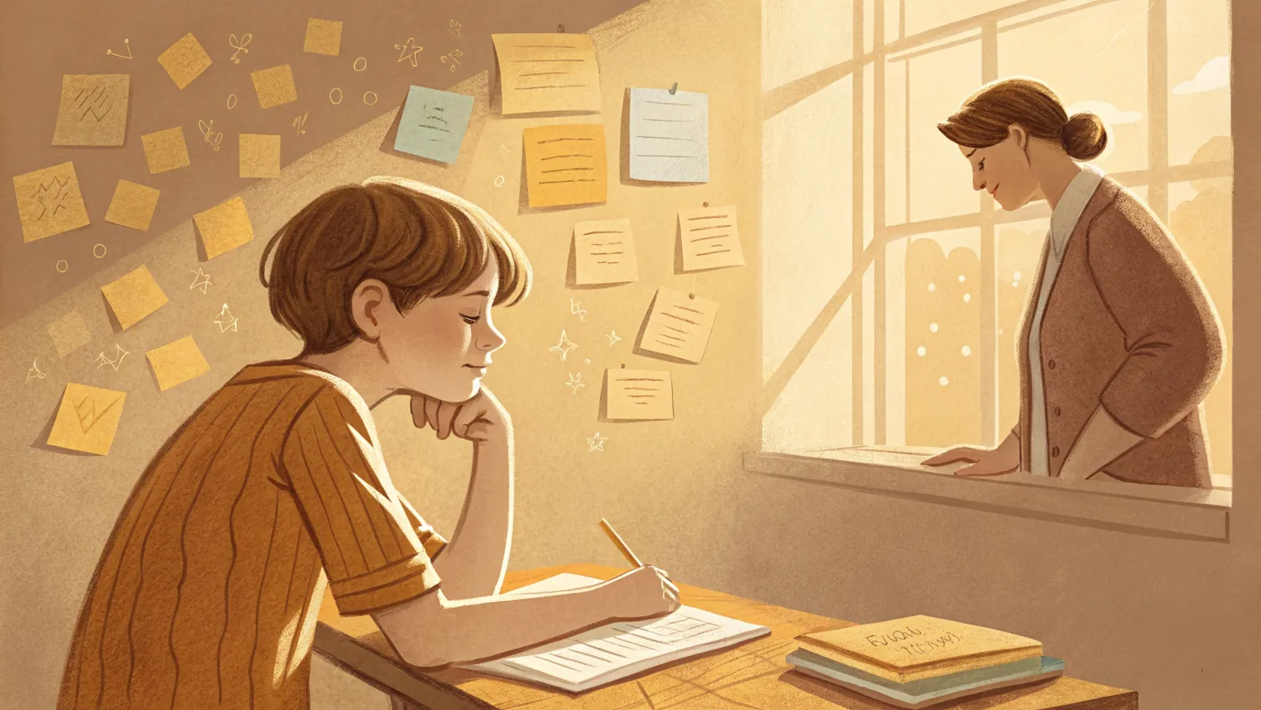 Illustration of a person with ADHD (Attention-Deficit/Hyperactivity Disorder) focusing at a desk with supportive structure around them.