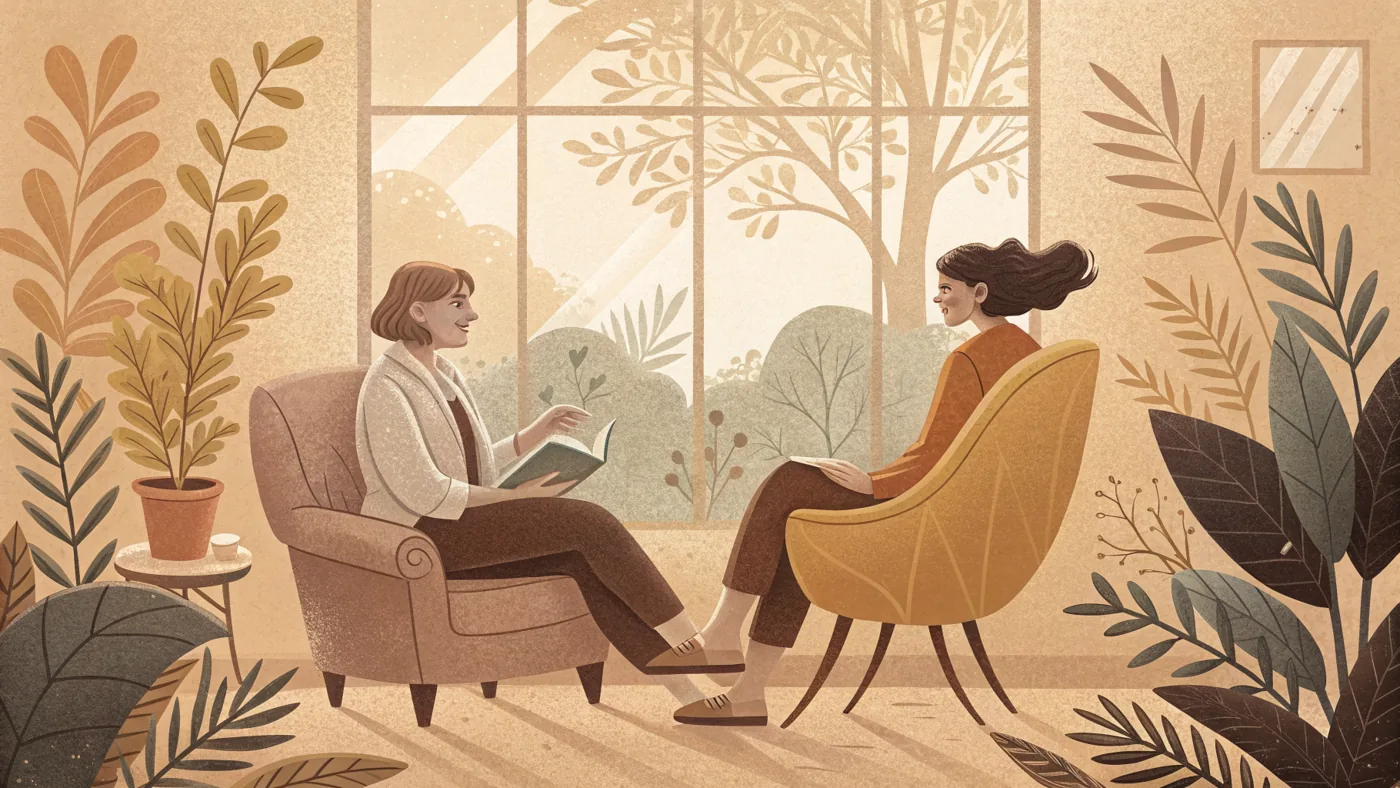 Illustration of an adult in an individual therapy session for adults, talking with a licensed therapist.