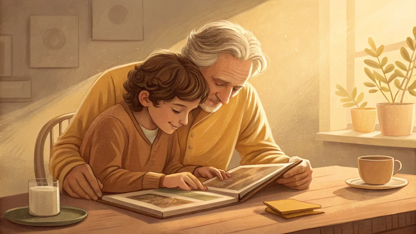 Illustration of a family member supporting an older adult living with Alzheimer's disease.