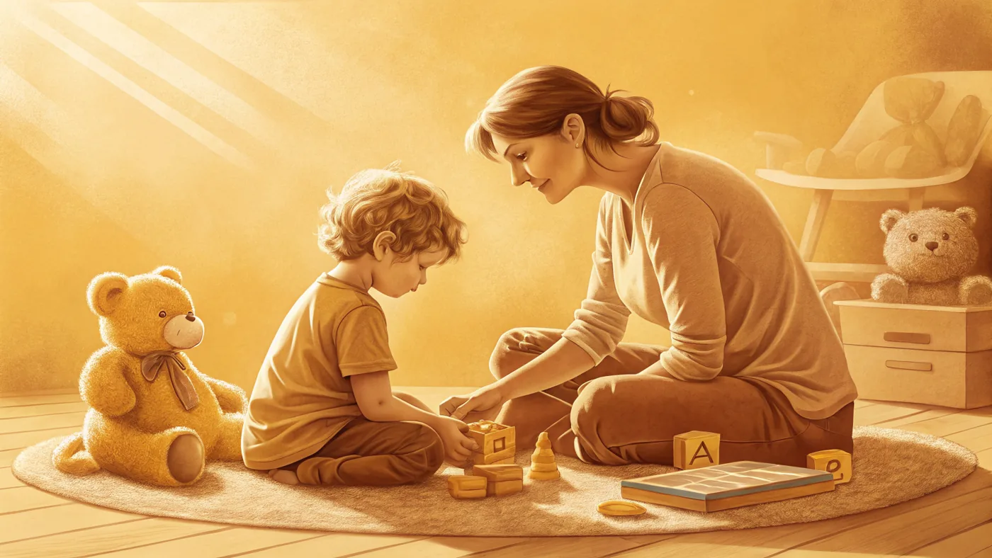 Illustration of an autistic child and a caregiver connecting through play, representing autism spectrum disorder support.