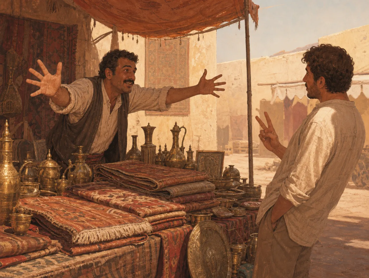 Anchoring: a vendor's ten-finger opening gesture leaves a flea market buyer hesitating on a far lower counter.