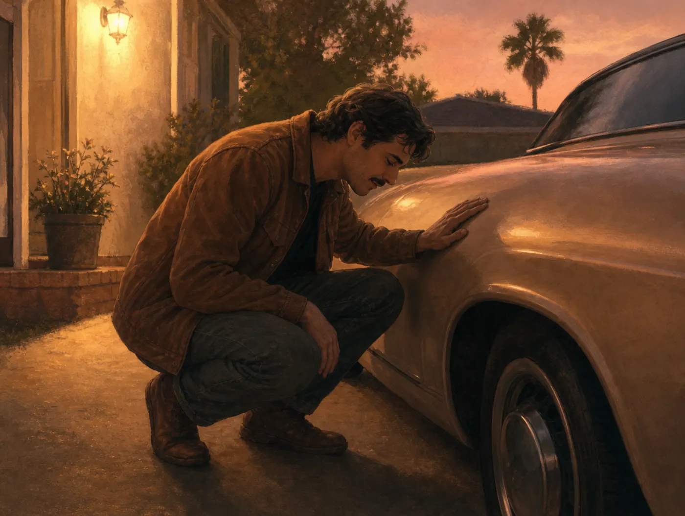 Anthropomorphism: a person kneels beside a car, palm on its hood, head bowed as though comforting a living thing.
