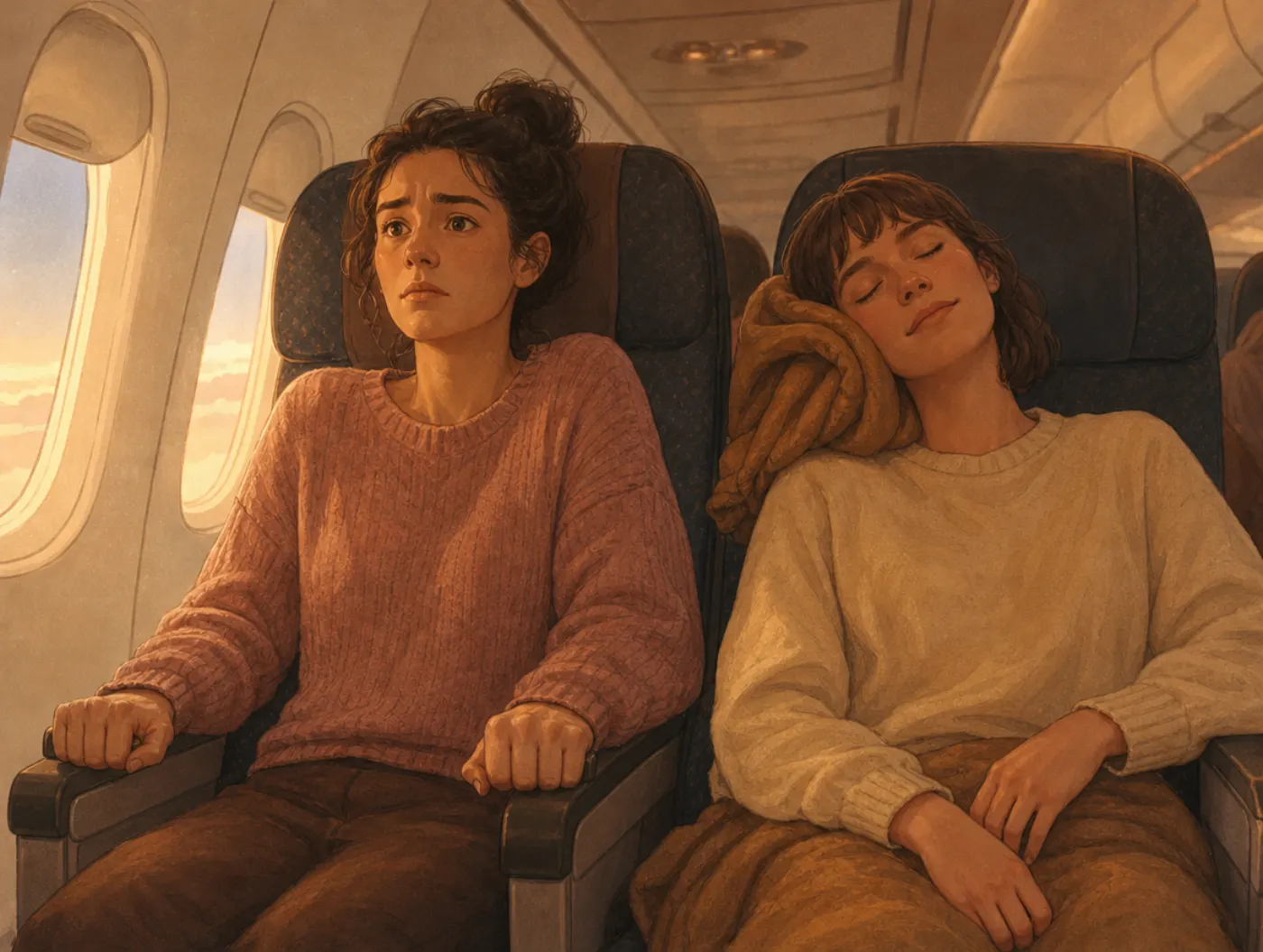 Availability heuristic: an anxious airplane passenger grips the armrests while the relaxed seatmate dozes beside them.