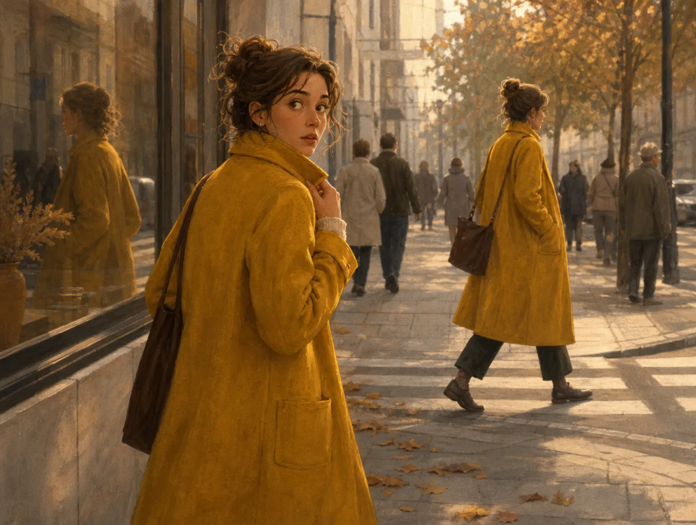 Baader-Meinhof phenomenon: a pedestrian notices the same yellow coat on three strangers along one street.