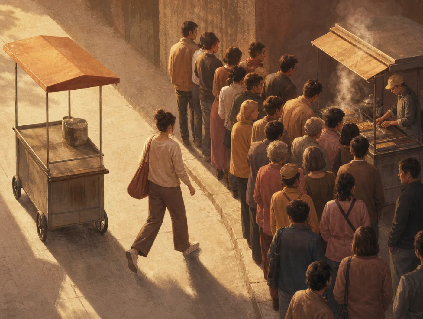 Bandwagon effect: a passerby joins a long line at a busy food cart, ignoring an identical empty one beside it.