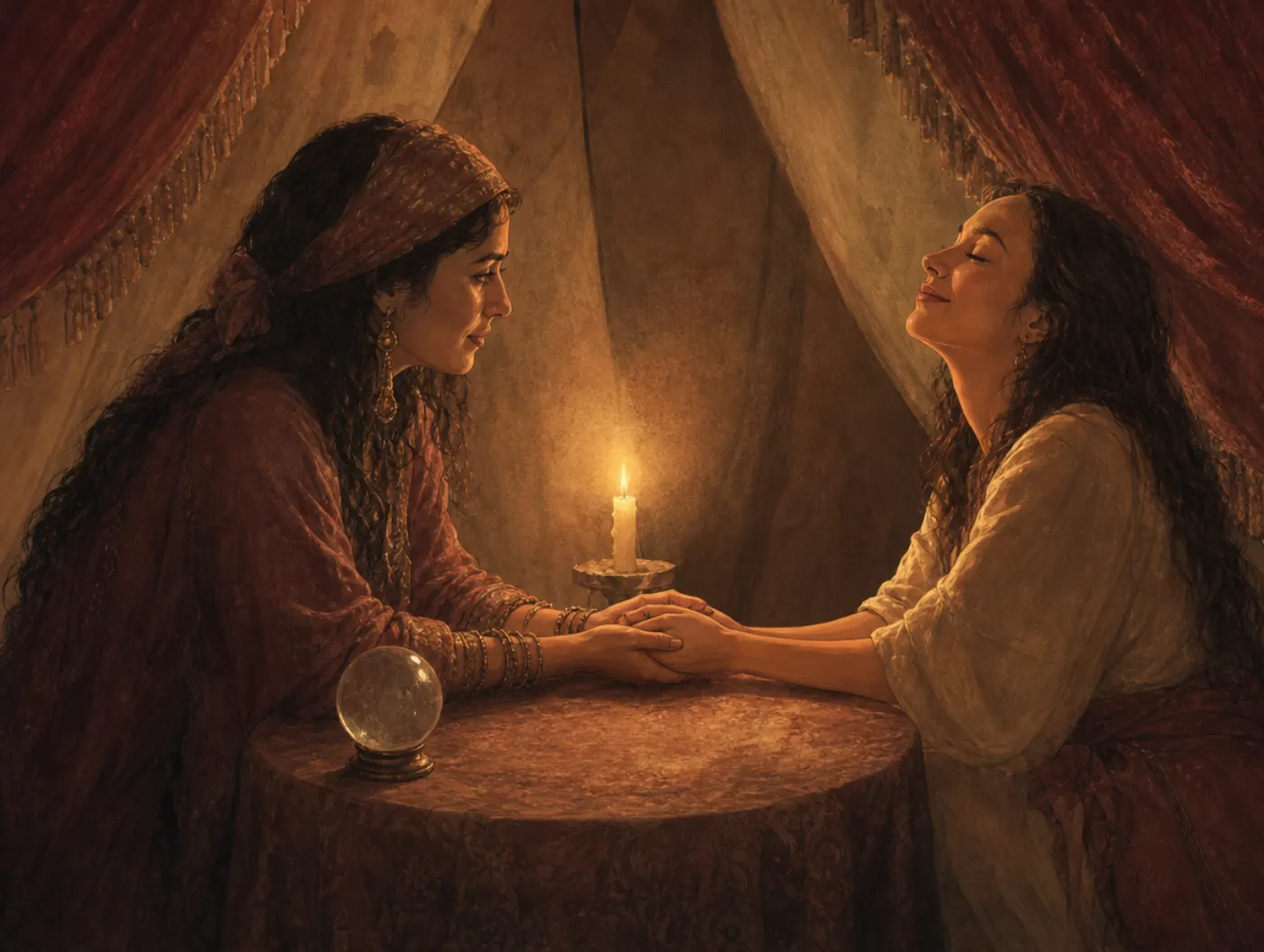 Barnum effect: a client closes their eyes, rapt, as a fortune teller holds their hands by candlelight.