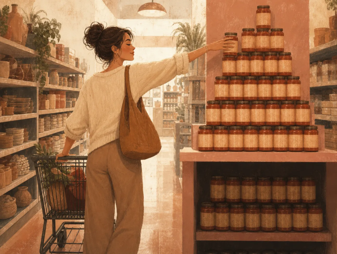 Cognitive biases: a shopper confidently grabs a jar from an eye-level display, ignoring the same jar shelved below.