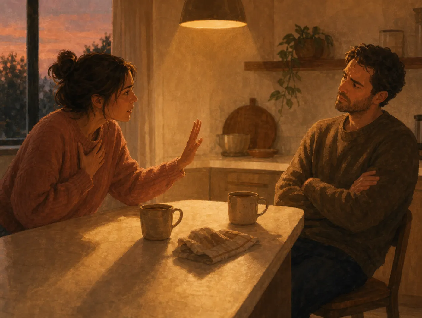 False Memory: two people at a kitchen counter, one insisting on a version of events the other doesn't recognize.