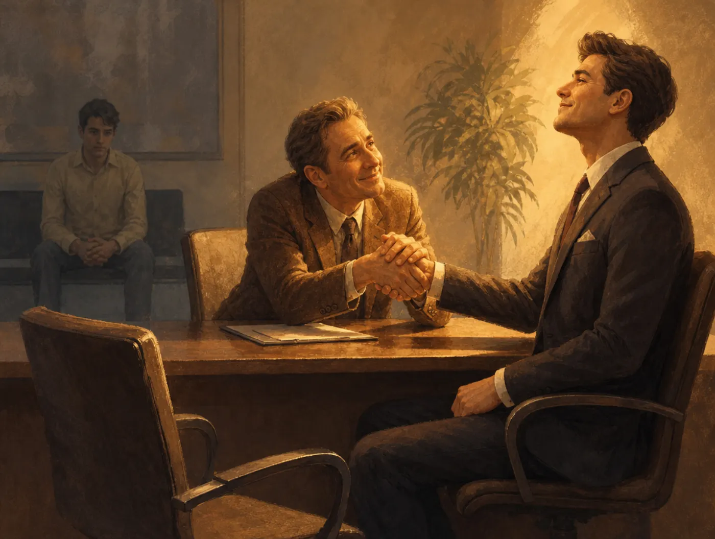 Halo effect: an interviewer beams at a polished candidate's handshake while an overlooked applicant waits in shadow.