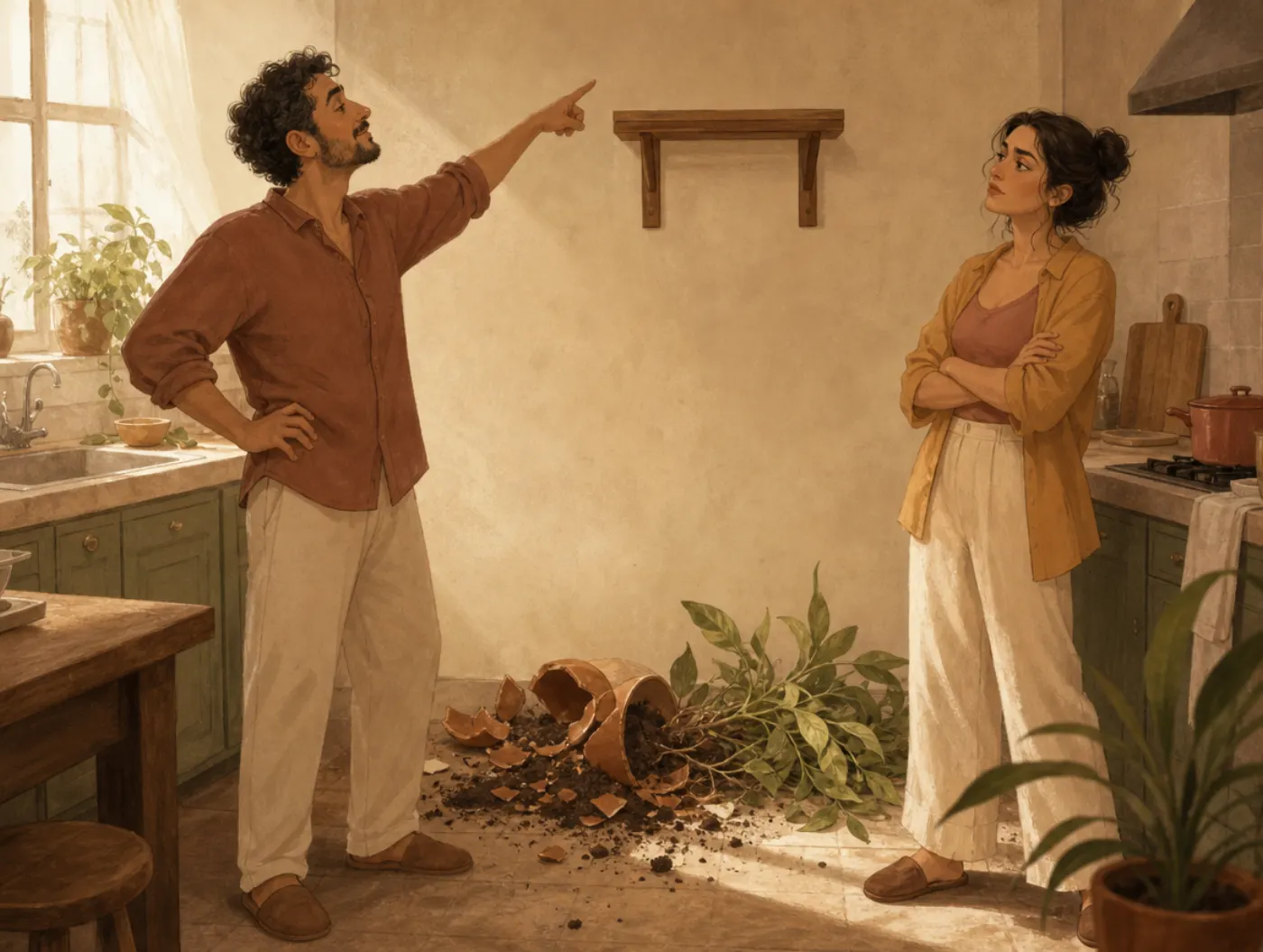 Hindsight bias: a man confidently points at an empty shelf after a pot has fallen, while a skeptical woman crosses her arms.