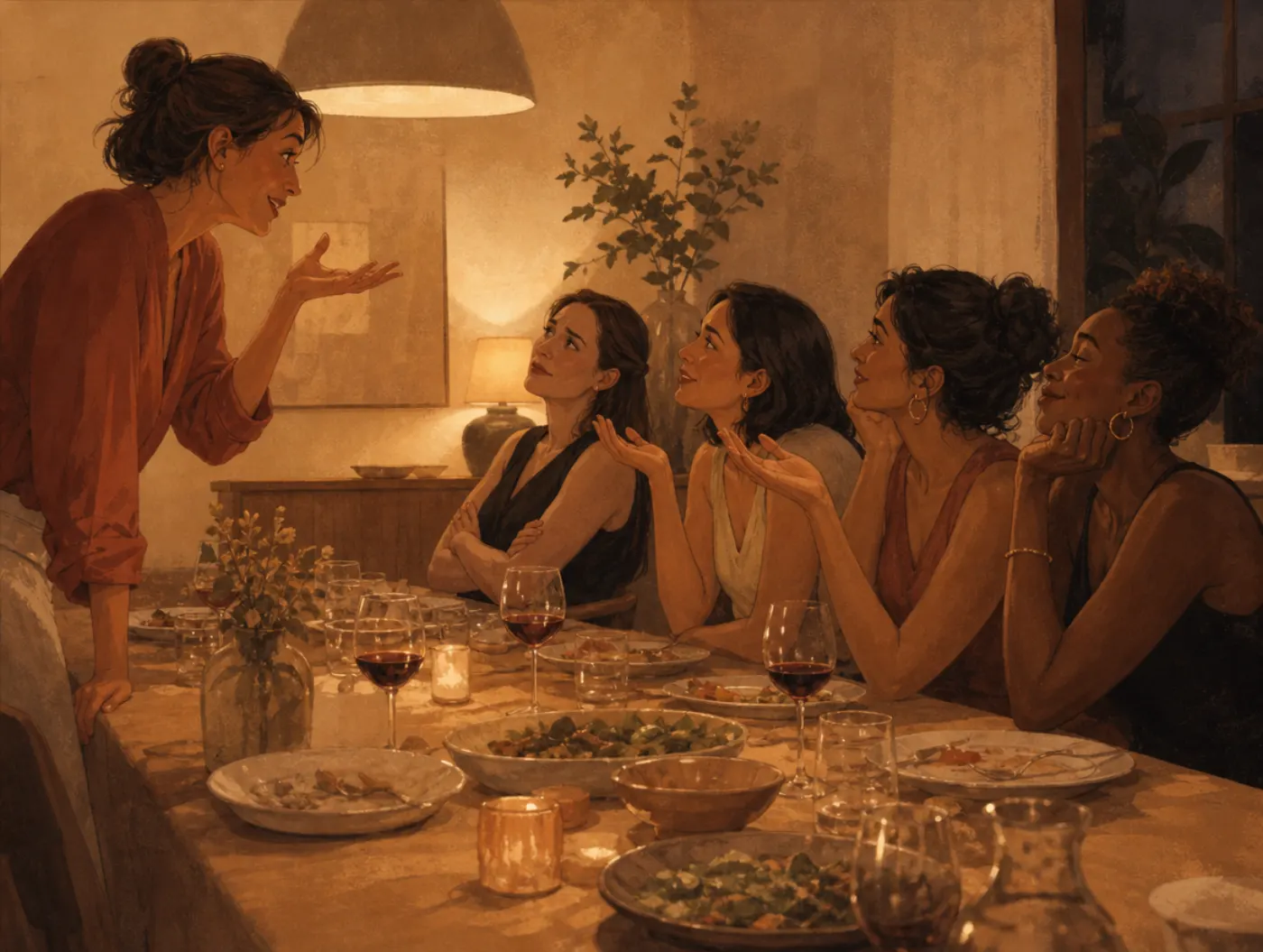 Illusory truth effect: a host repeats the same gesture down a dinner table as listeners shift from doubtful to convinced.