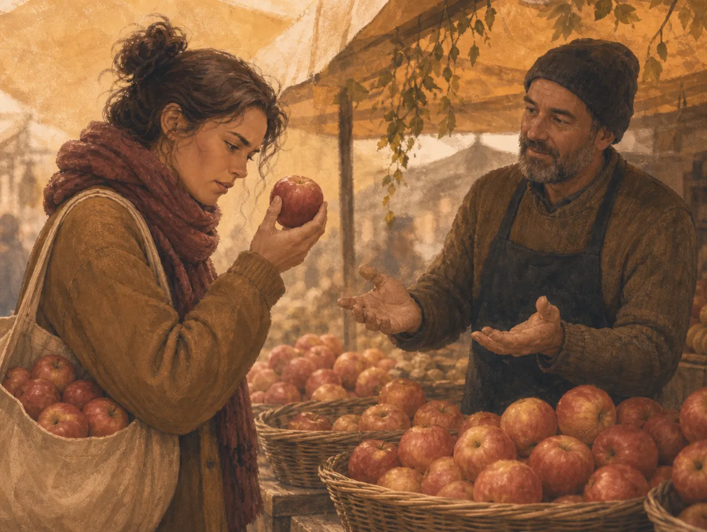 Information bias: a shopper with a full bag of apples keeps turning over one more apple before leaving.
