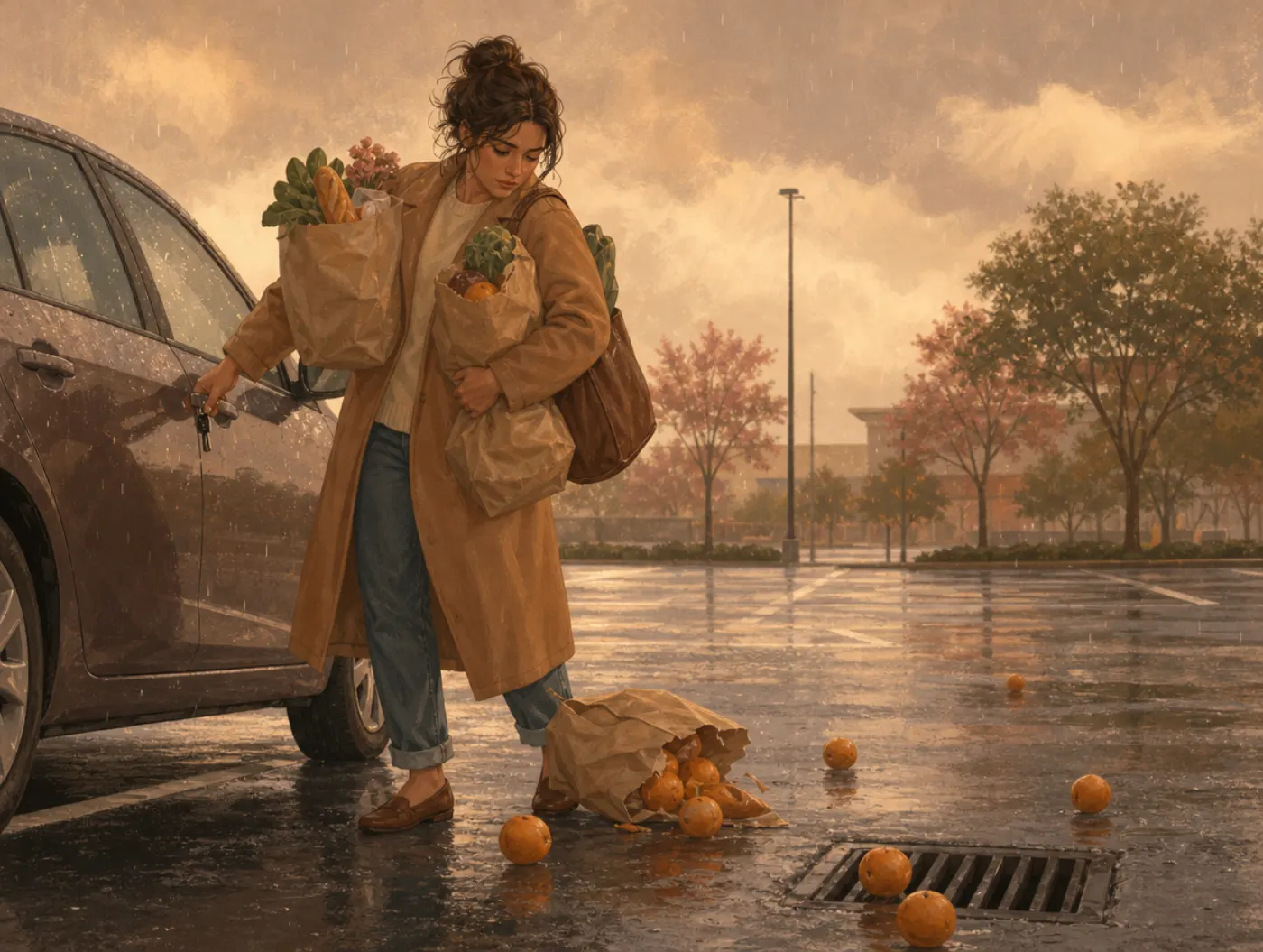 Murphy's Law: a woman's grocery bag splits and spills in a parking lot just as rain begins to fall.
