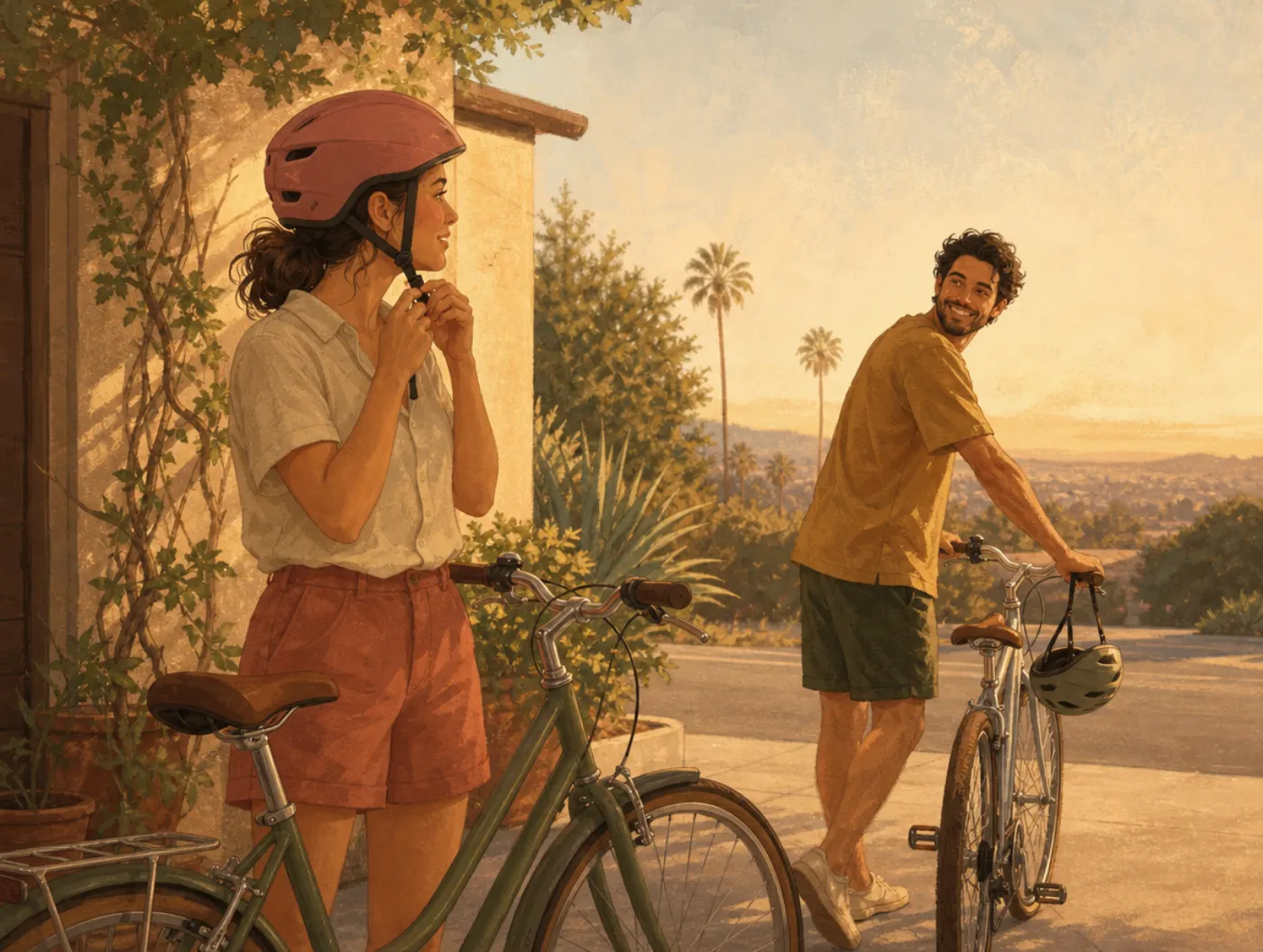 Optimism bias: a cyclist leaves their helmet hanging on the handlebar while a companion buckles theirs on.