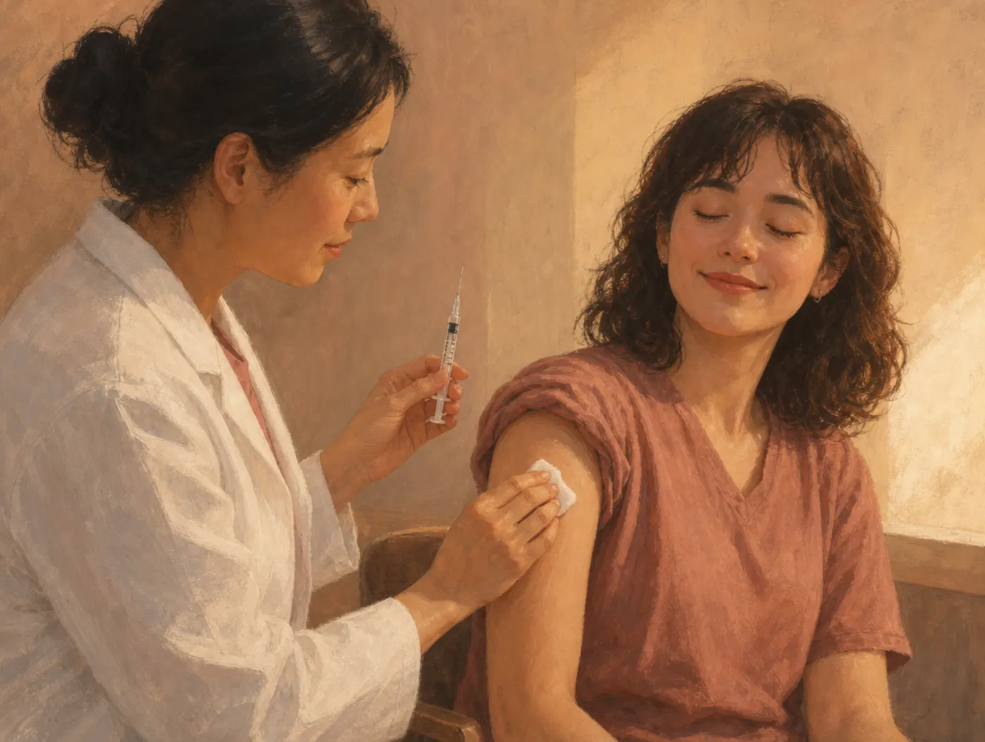 Placebo effect: a patient relaxes with relief as a clinician lifts a syringe, before any injection is given.