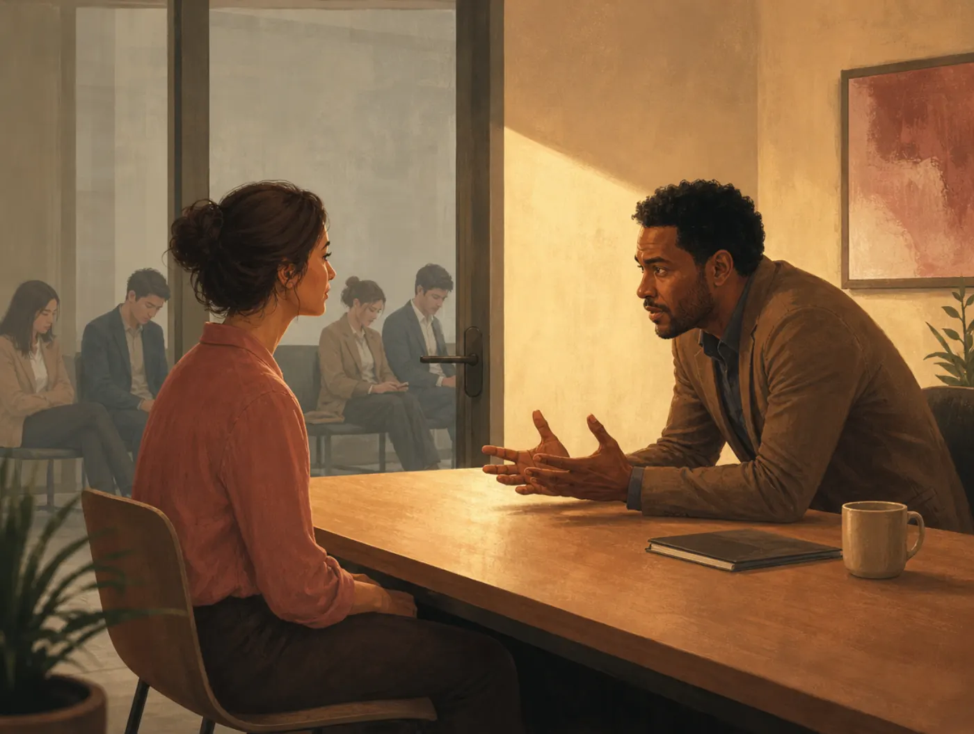 Primacy effect: a hiring manager leans toward the first interviewee while later candidates wait, unnoticed, behind the door.