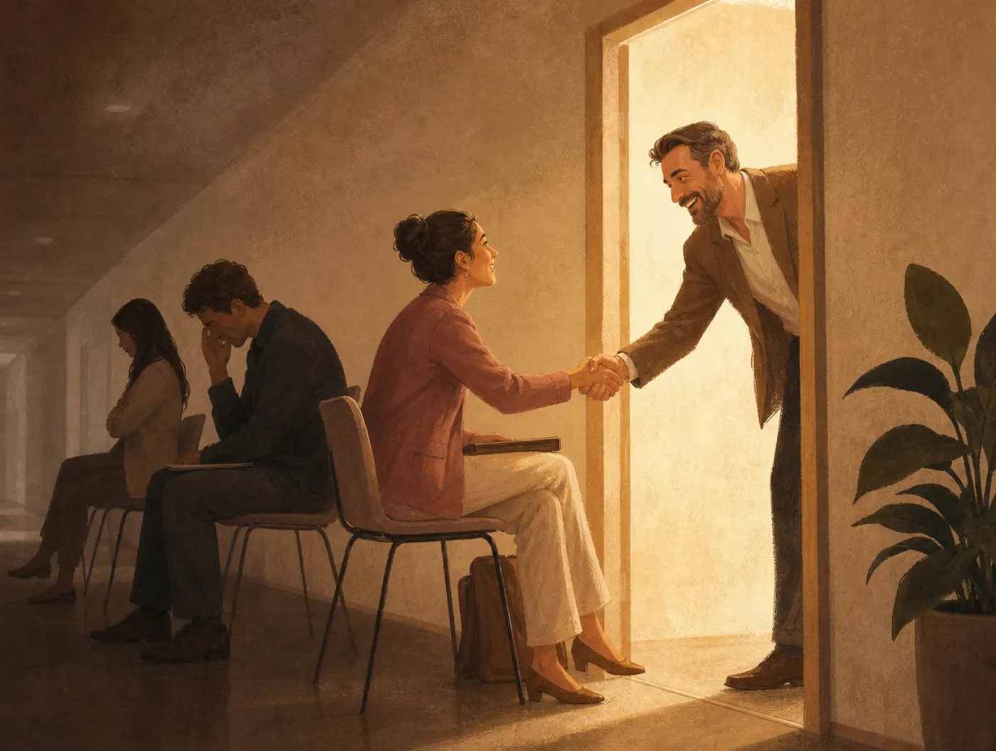 Recency effect: a manager warmly greets the last candidate in a row while earlier ones fade into shadow.