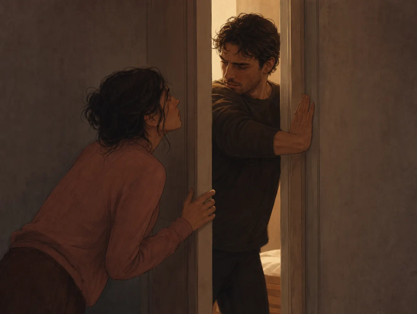 Reverse psychology: one person bars a doorway with a stiff arm while another leans in, reaching through the narrowing gap.
