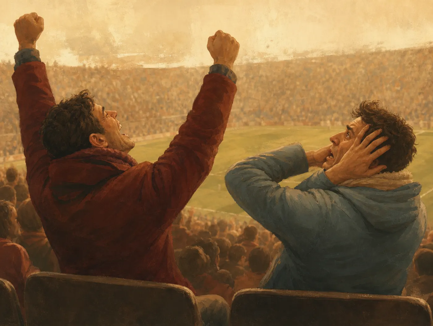 Selective perception shown as two rival fans reacting in opposite ways to the identical play.