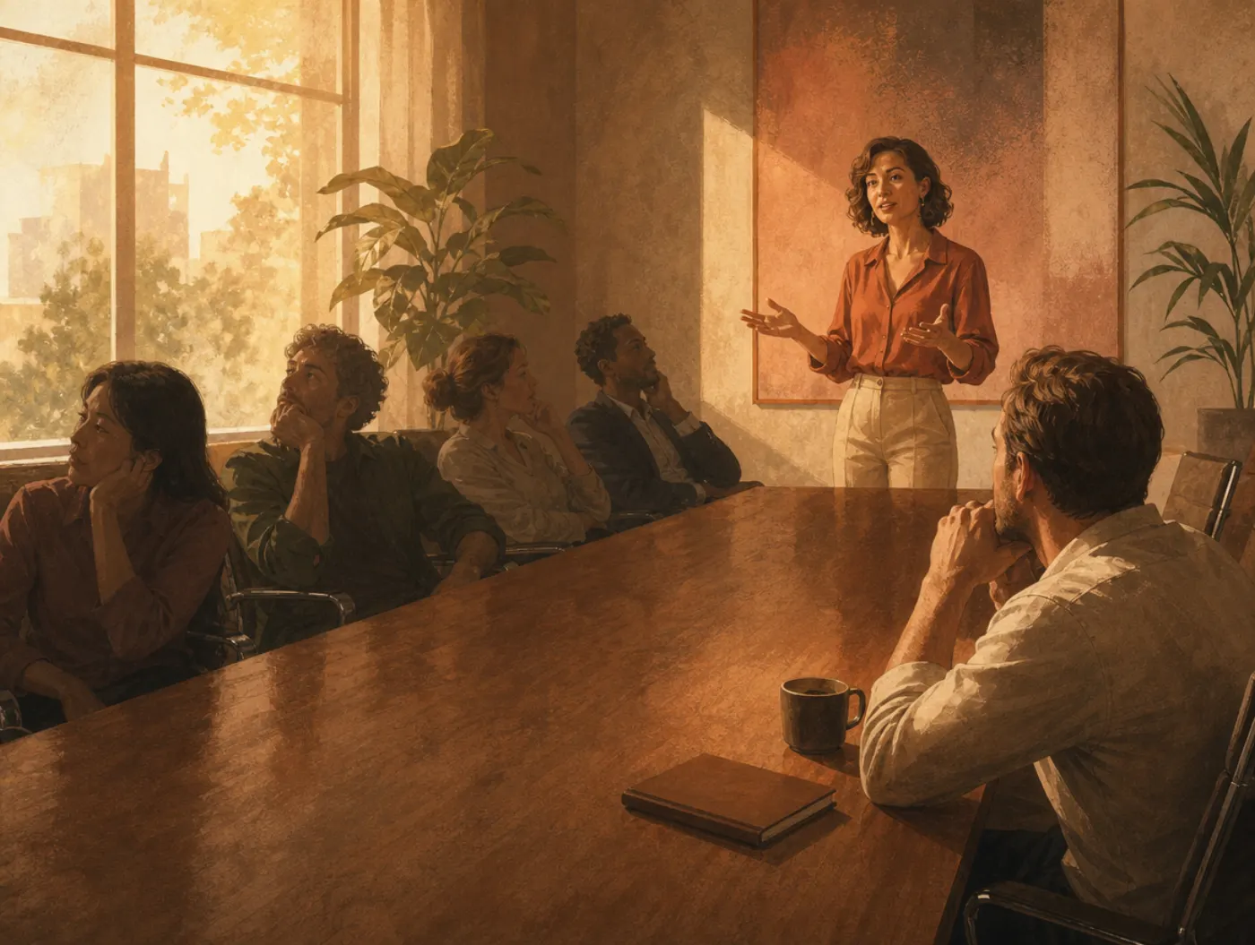 Serial-position effect: at a meeting table, attention stays sharp at both ends but fades in the middle.
