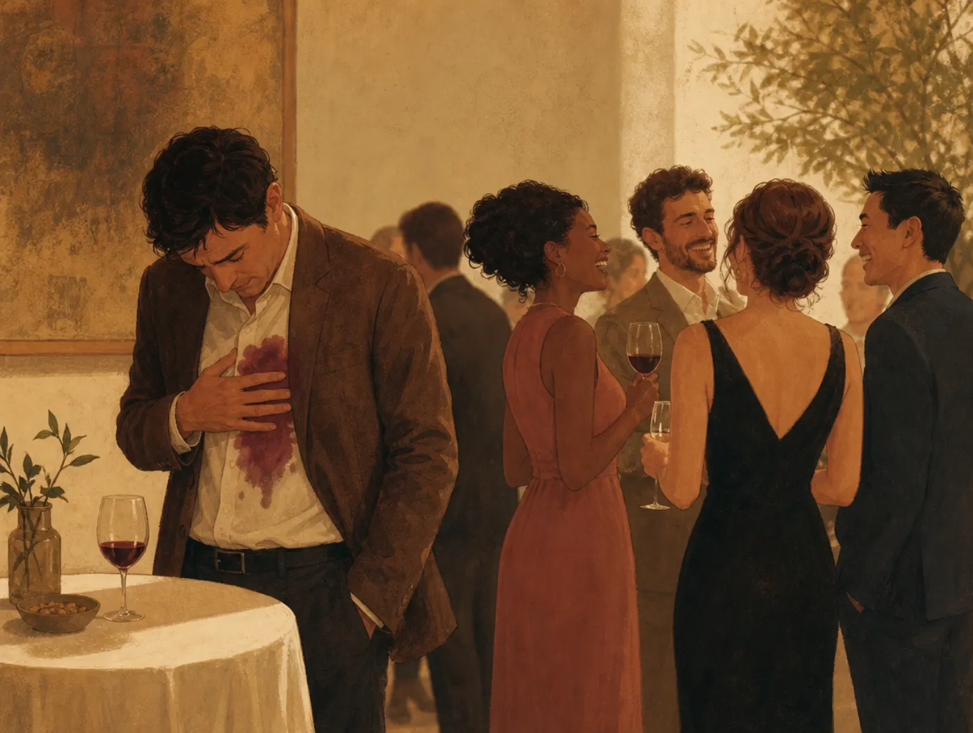Spotlight effect: a man self-consciously covers a stain on his shirt while nearby guests, absorbed in their own conversation,