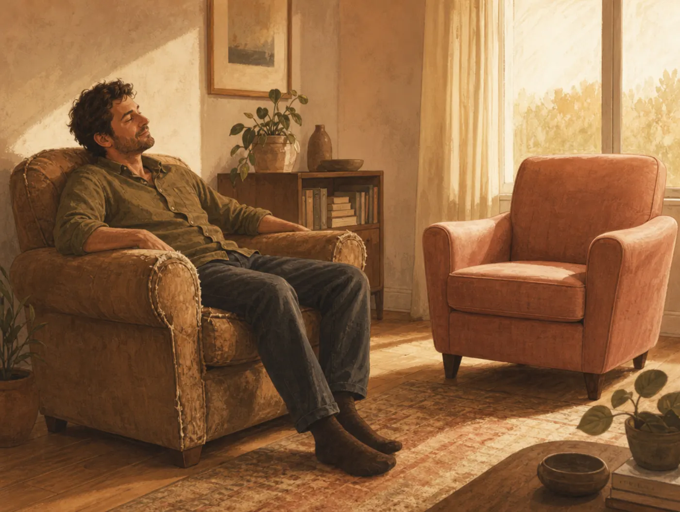 Status quo bias: a man settles into his worn armchair, ignoring the pristine unused one beside it.