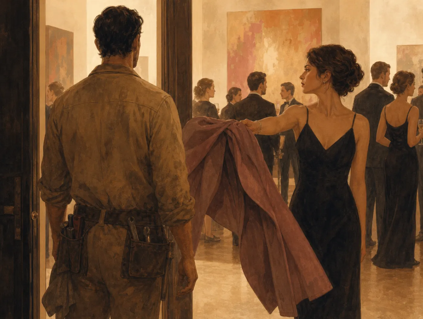 Stereotyping: a gallery guest thrusts her coat at a man in work coveralls without looking at him, assuming he's staff.