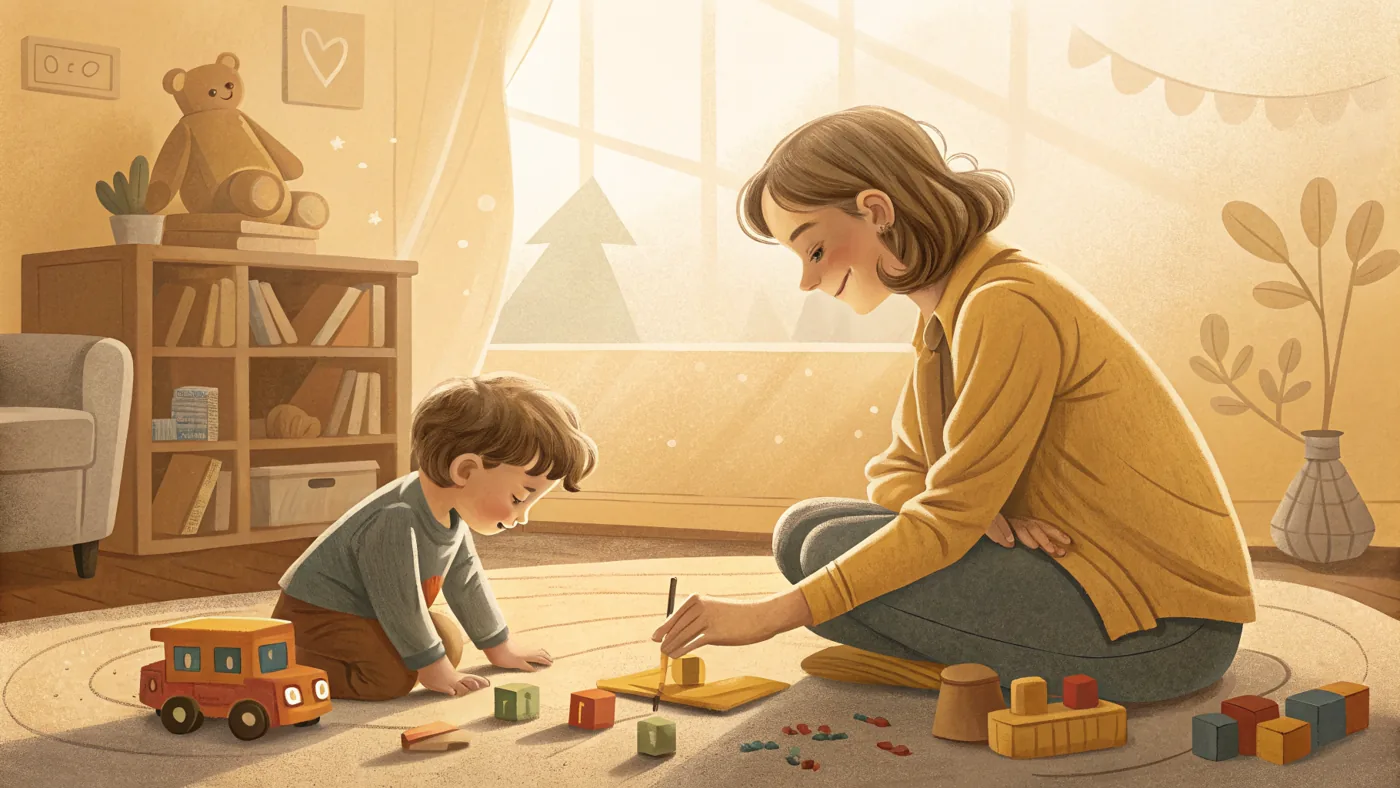 Illustration of a child engaged in play therapy with a child therapist.