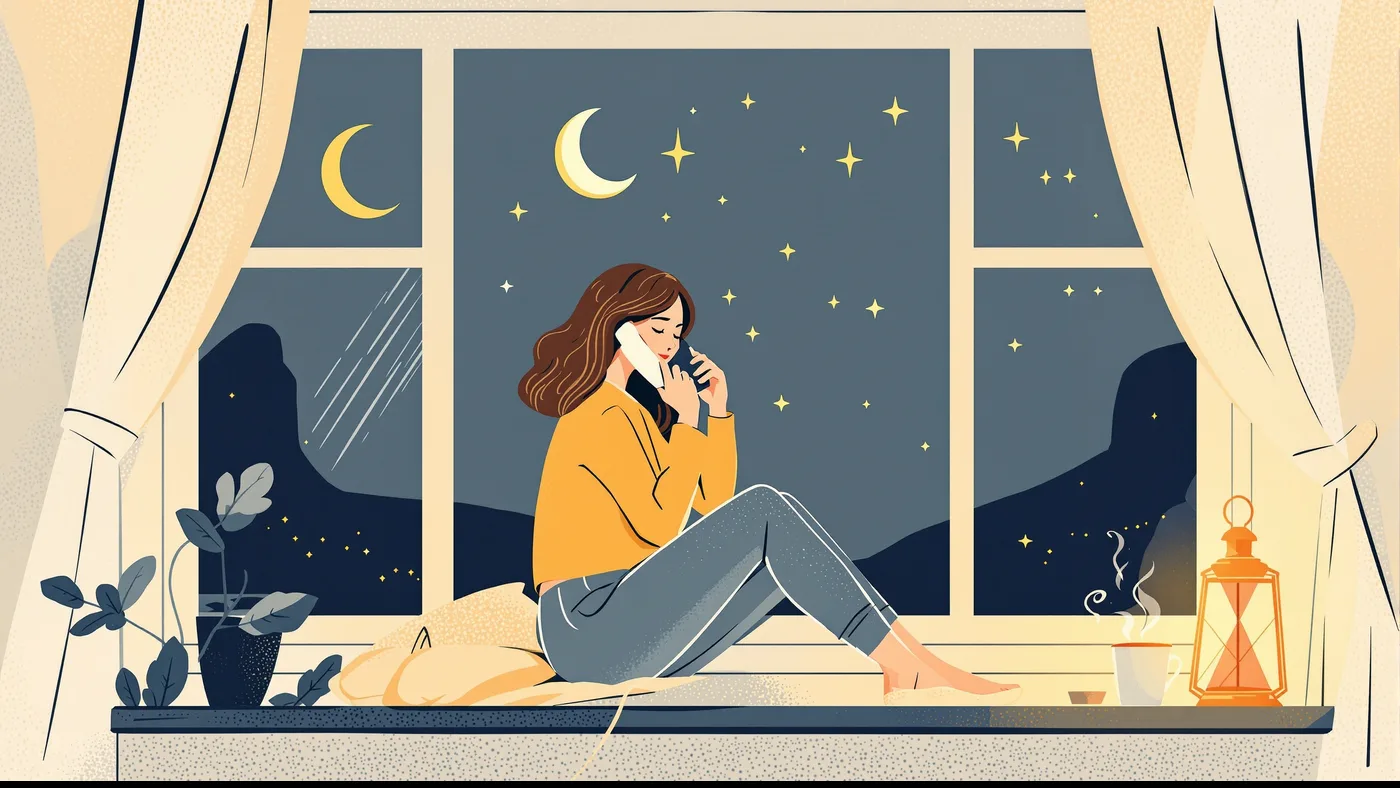 Illustration of a person reaching out for crisis counseling support by phone late at night