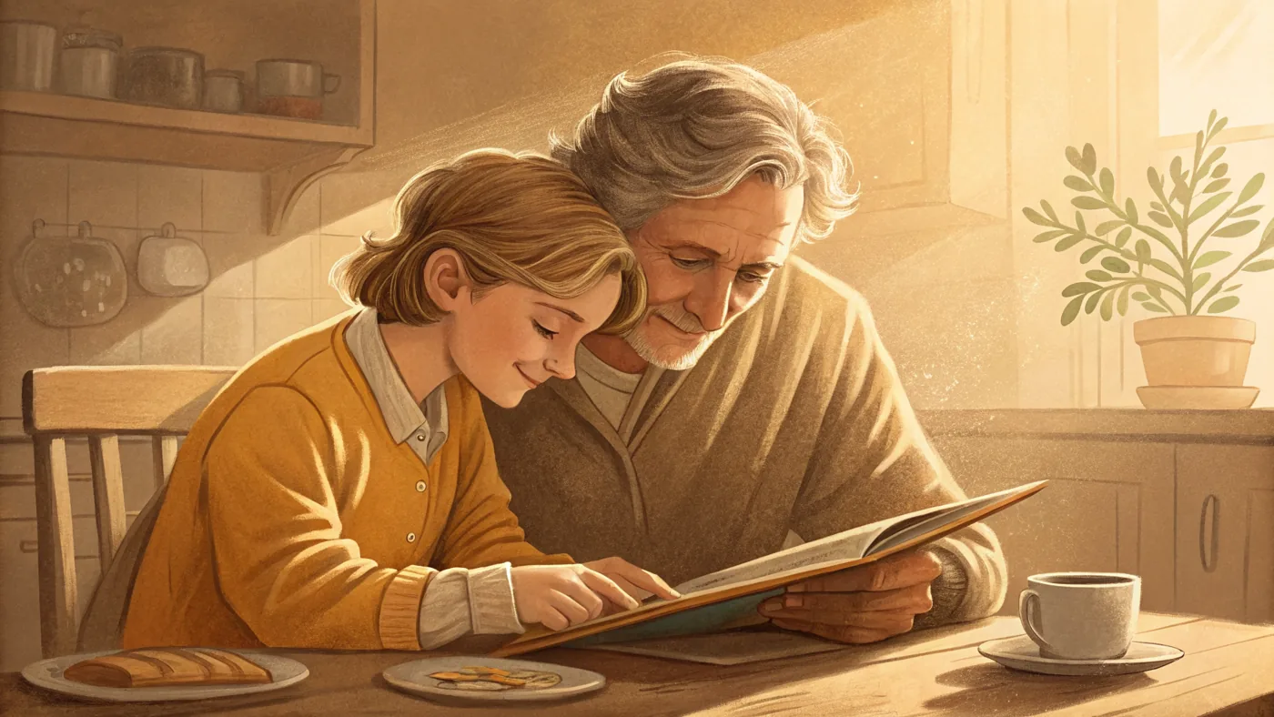Illustration of a caregiver supporting an older adult living with dementia at home