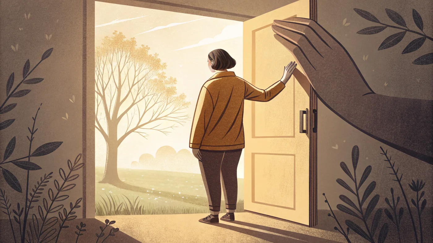 Illustration of a domestic abuse survivor finding safety and support