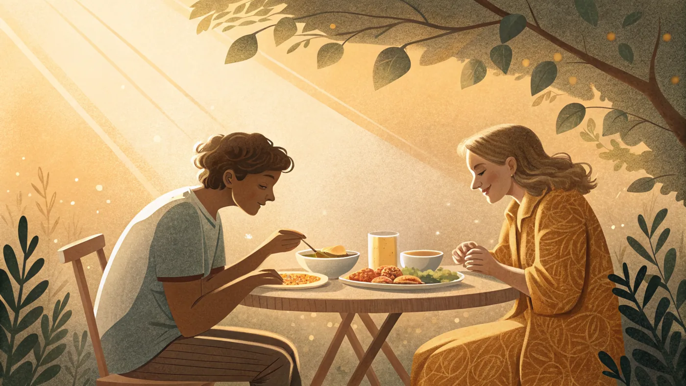 Illustration of recovery and a healthy relationship with food in eating disorder treatment