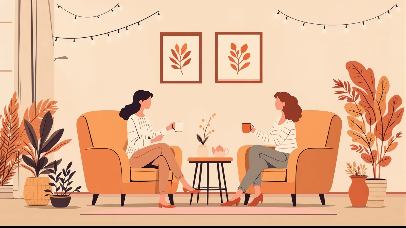 Illustration of a client and therapist in conversation during a psychotherapy and counseling session.