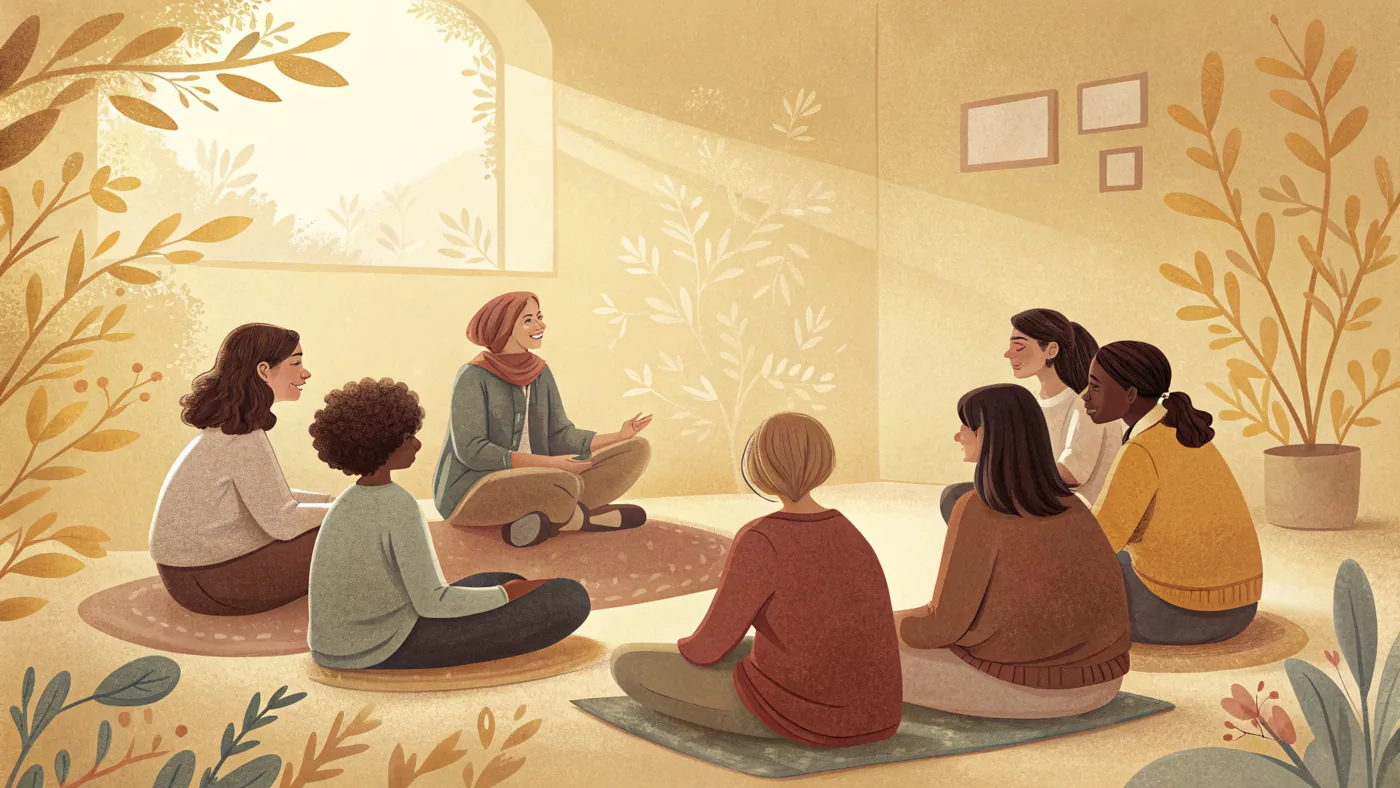 Illustration of a small group seated in a circle during a group therapy session led by a therapist.