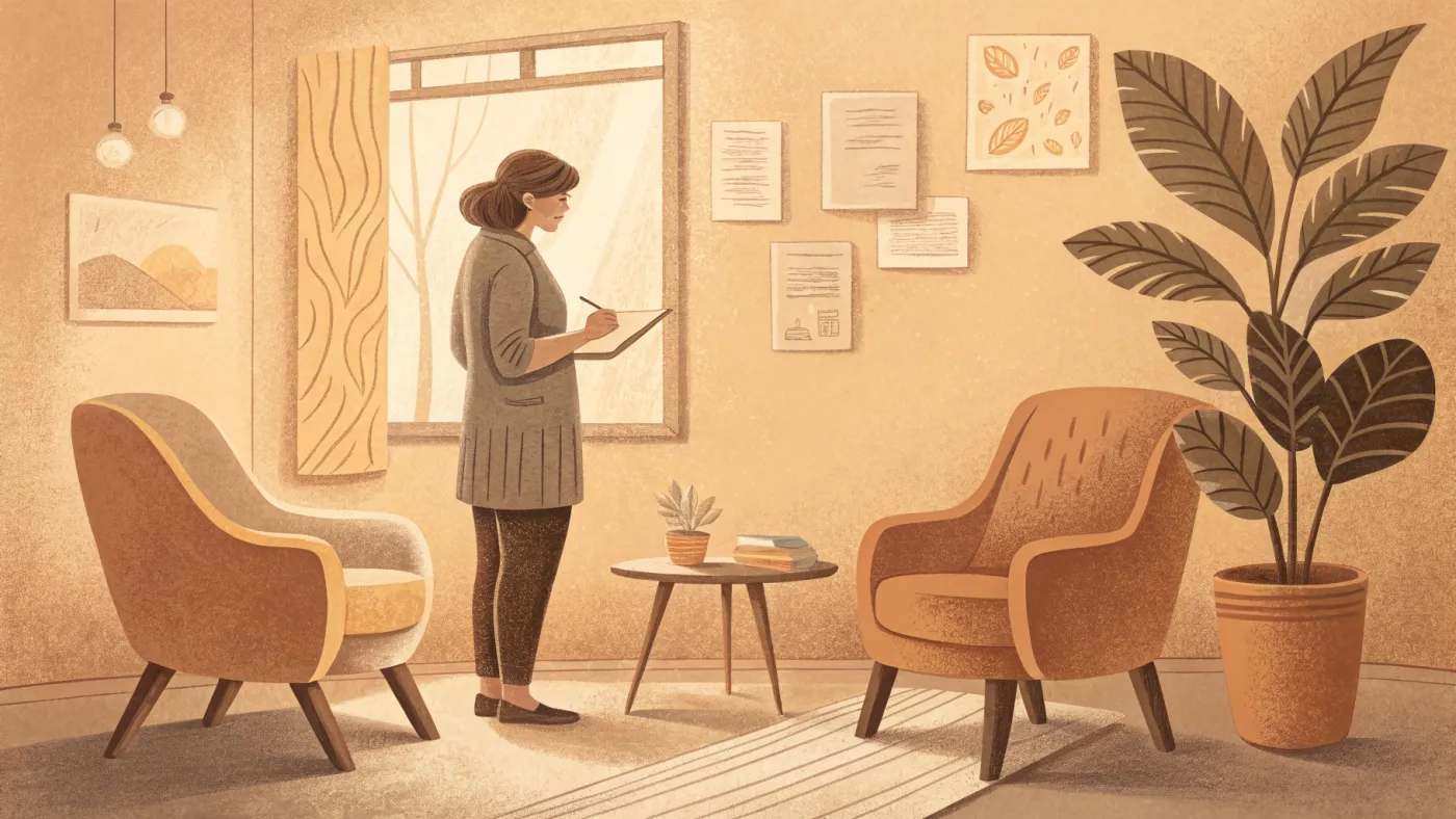 Illustration of a licensed therapist in their office