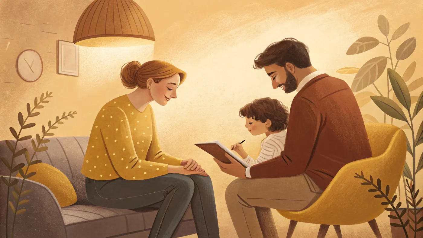 Illustration of a marriage and family therapist with a family