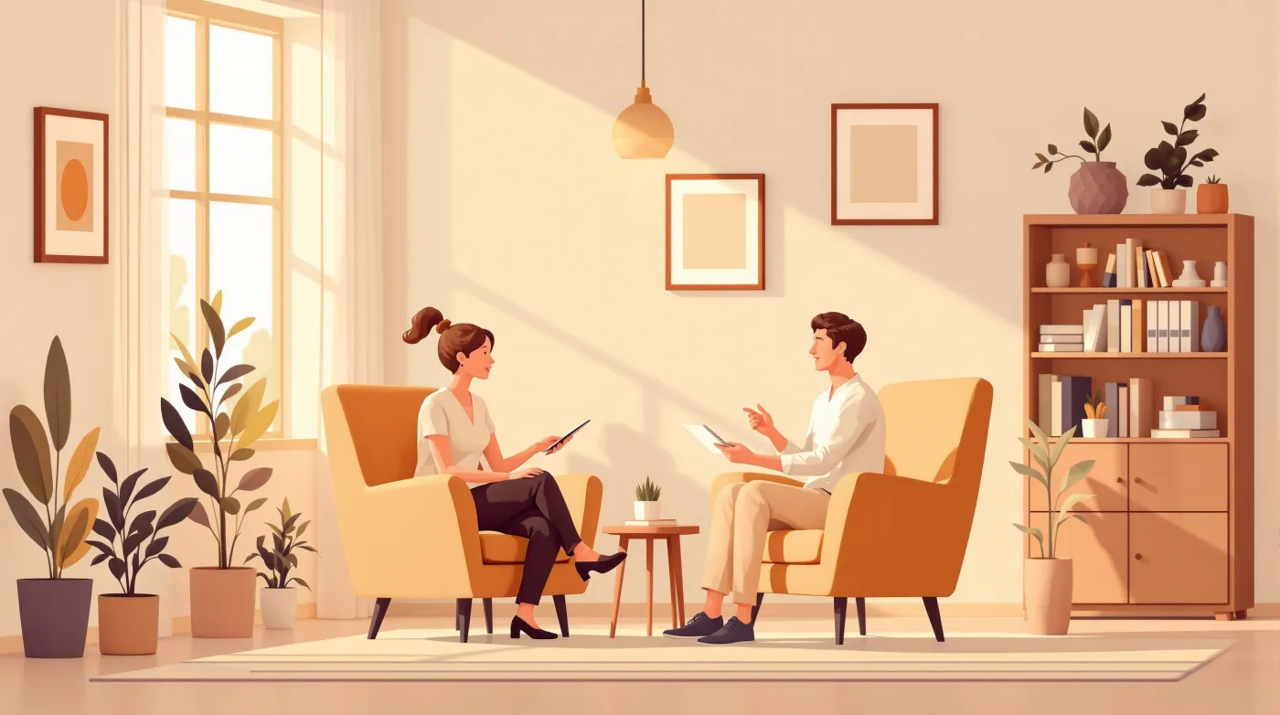 Illustration of a psychotherapist listening to a client in a calm office