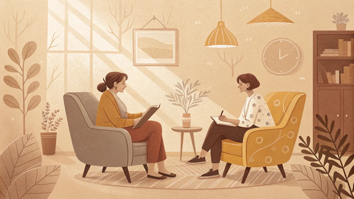 Illustration of a therapist in a welcoming counseling office