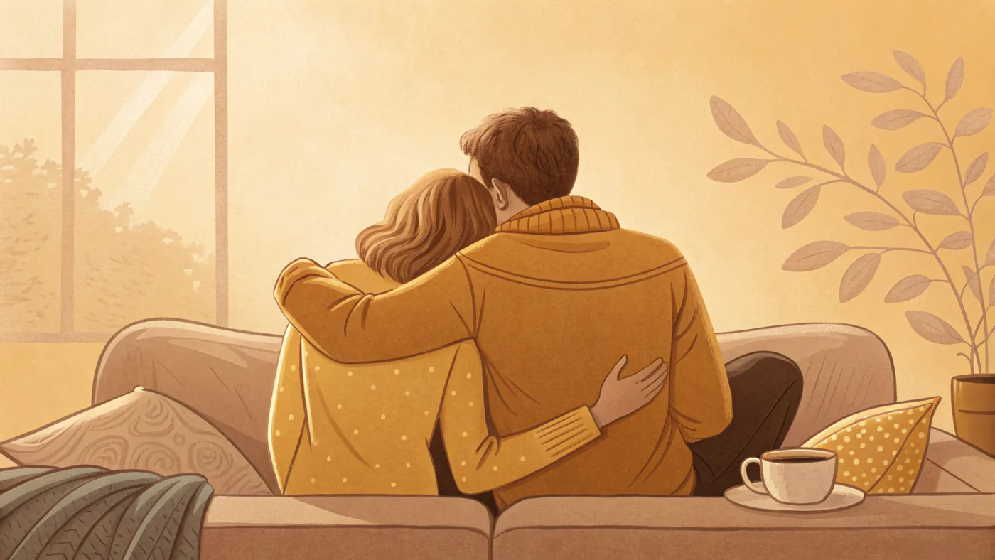 Illustration of a couple supporting each other, representing the emotional impact of infertility and mental health.
