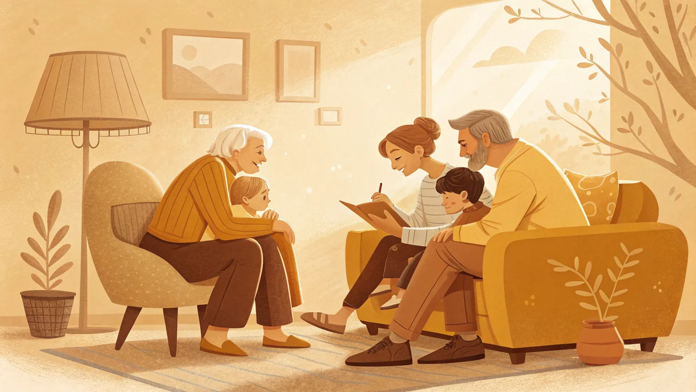 Illustration of a family in marriage and family therapy, representing the systemic relational approach.