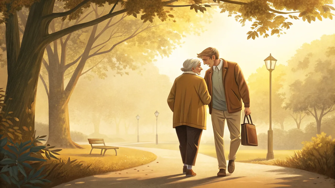 Illustration representing memory loss and forgetfulness, with a supportive companion offering reassurance.